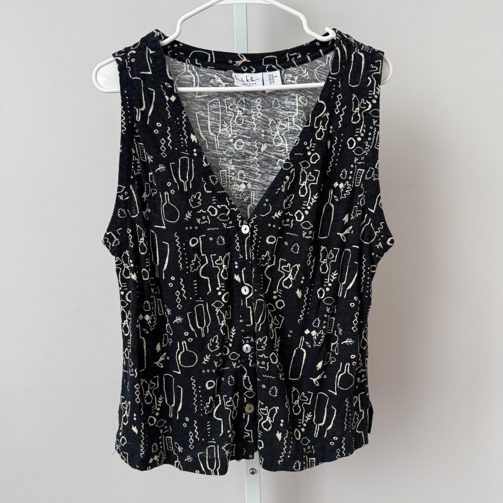Nicole Miller New York Sleeveless V Neck Button Front Linen Lyocell Blend Top XL